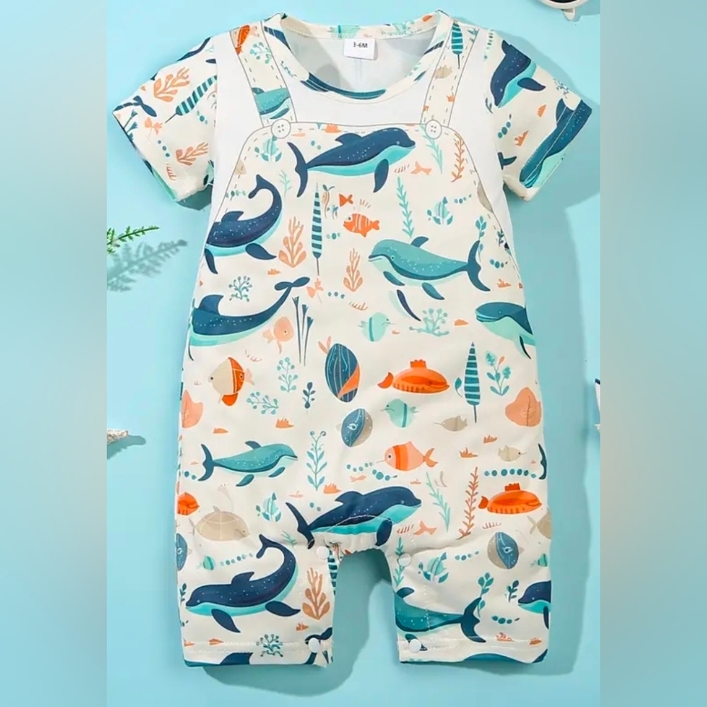 Baby Ocean Print Romper - Blue & Coral Sea Life